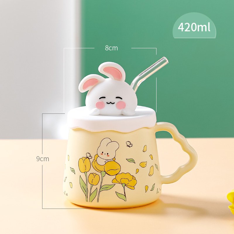 Cute Rabbit Ceramic Mug with Lid & Straw