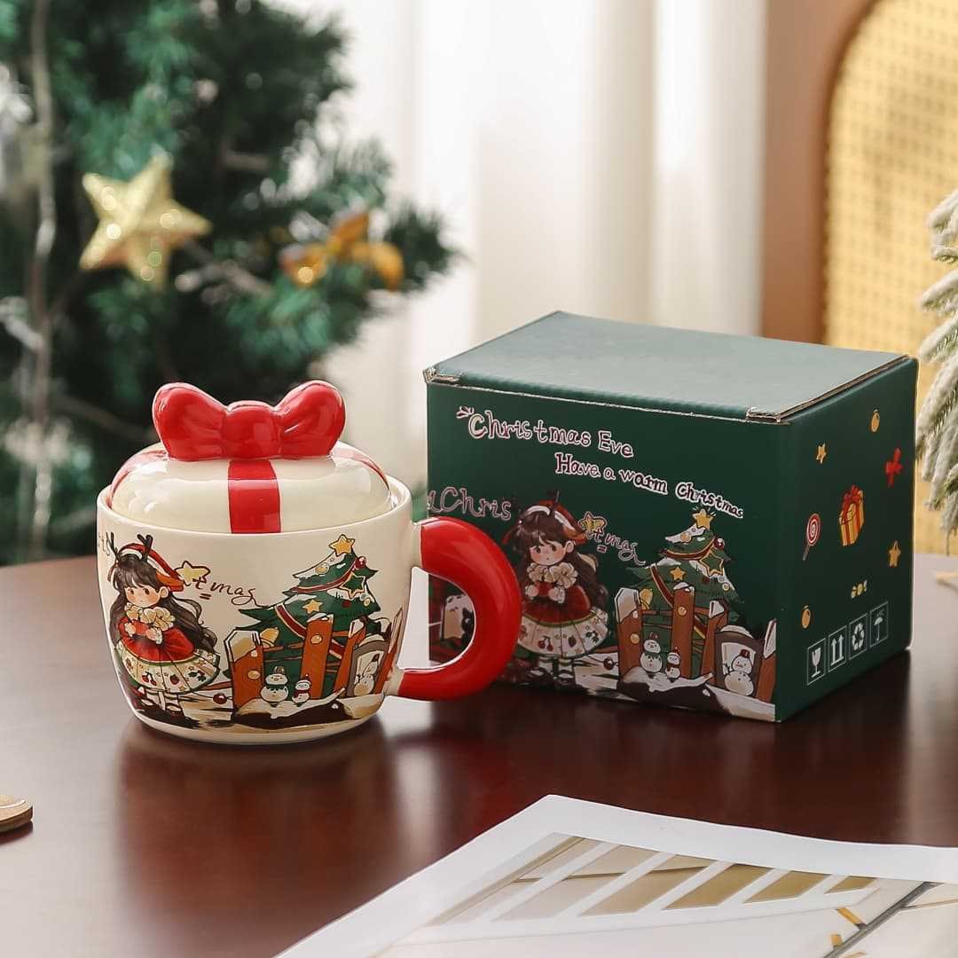 Cute Christmas Ceramic Mug with Lid & Spoon