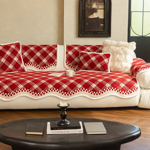 Red Plaid Chenille Sofa Mat