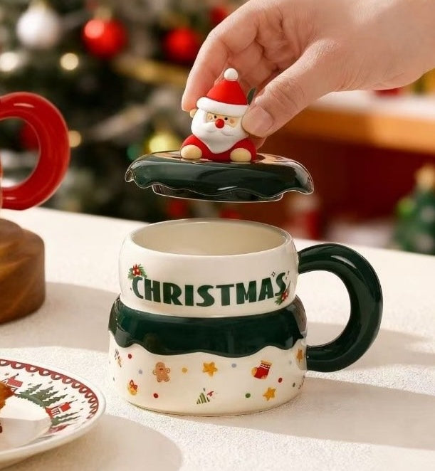 Cute Christmas Ceramic Mug with Lid & Spoon