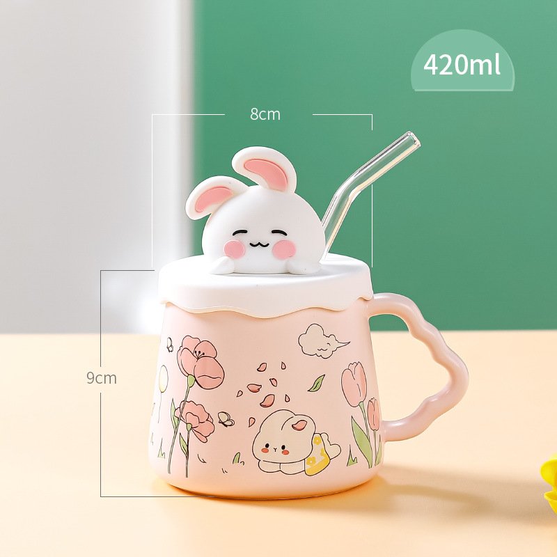 Cute Rabbit Ceramic Mug with Lid & Straw