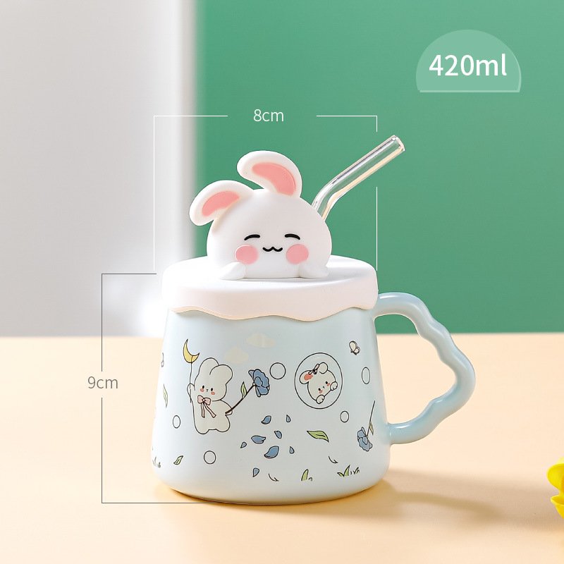 Cute Rabbit Ceramic Mug with Lid & Straw