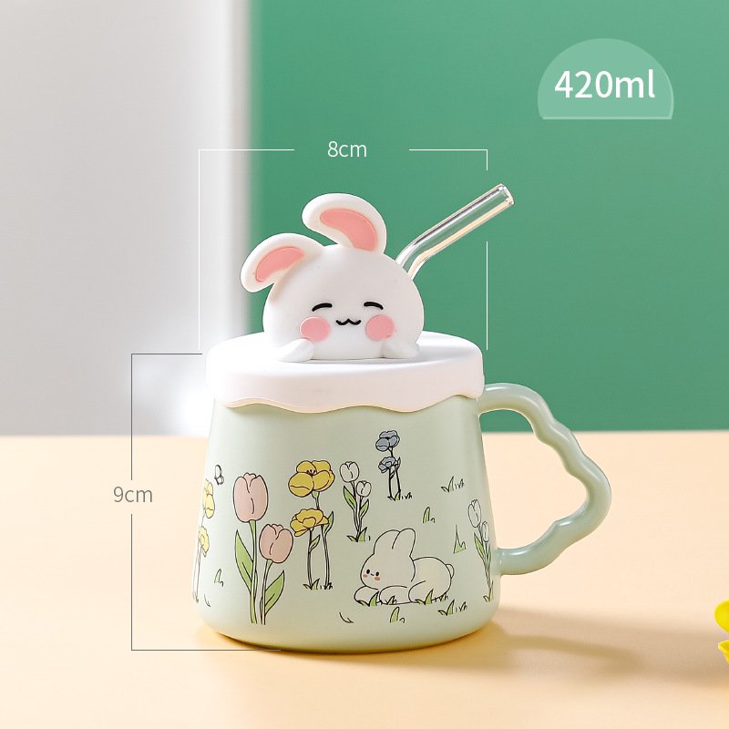Cute Rabbit Ceramic Mug with Lid & Straw