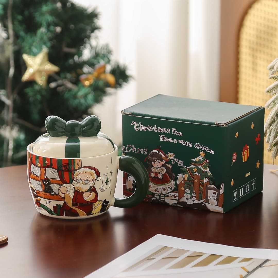 Cute Christmas Ceramic Mug with Lid & Spoon