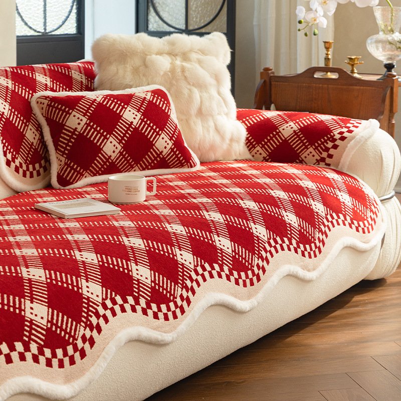 Red Plaid Chenille Sofa Mat