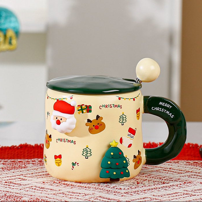 Cute Christmas Ceramic Mug with Lid & Spoon